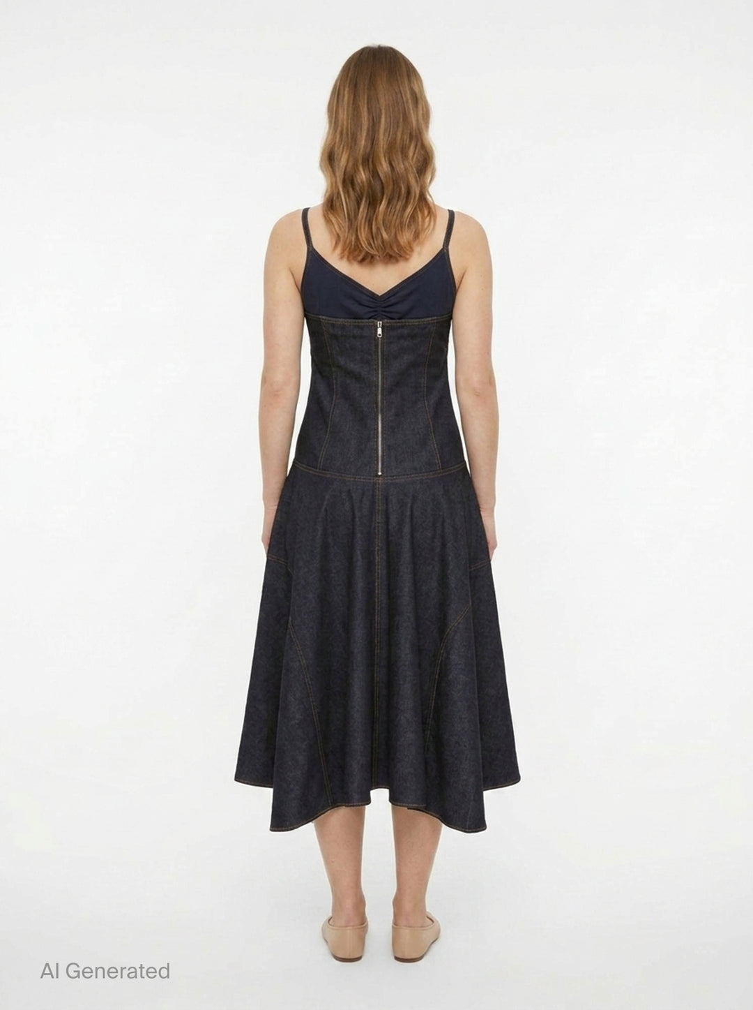Jacquemus Pina dark indigo denim midi dress with ruched V-neckline, spaghetti straps, and a full drop-waist flared skirt with contrast topstitching, displayed on a plain white background - back