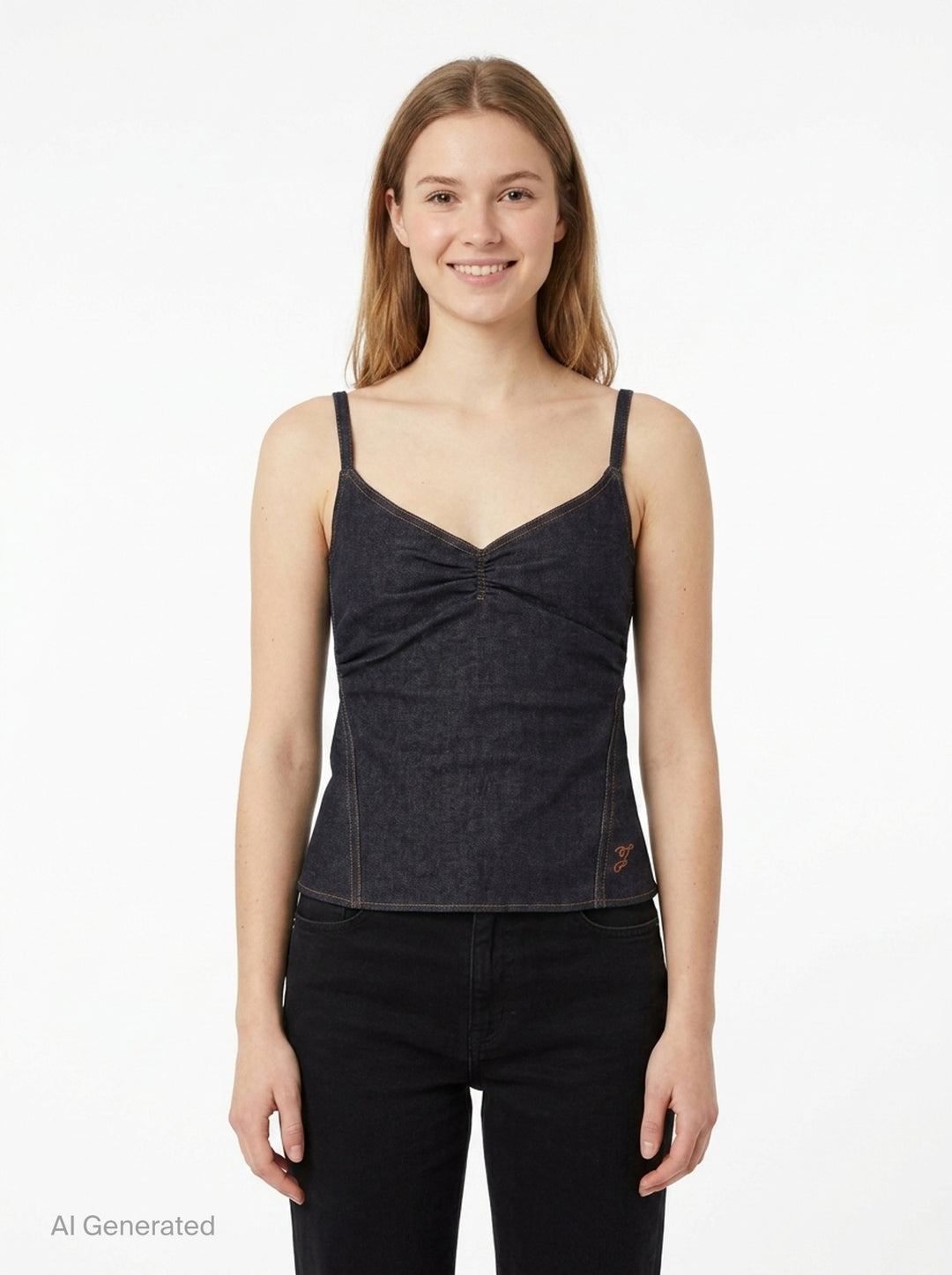 Jacquemus Pina dark indigo denim tank top with V-neckline, central ruched twist detail, slim spaghetti straps, contrast amber topstitching, and embroidered script logo at the hem - front