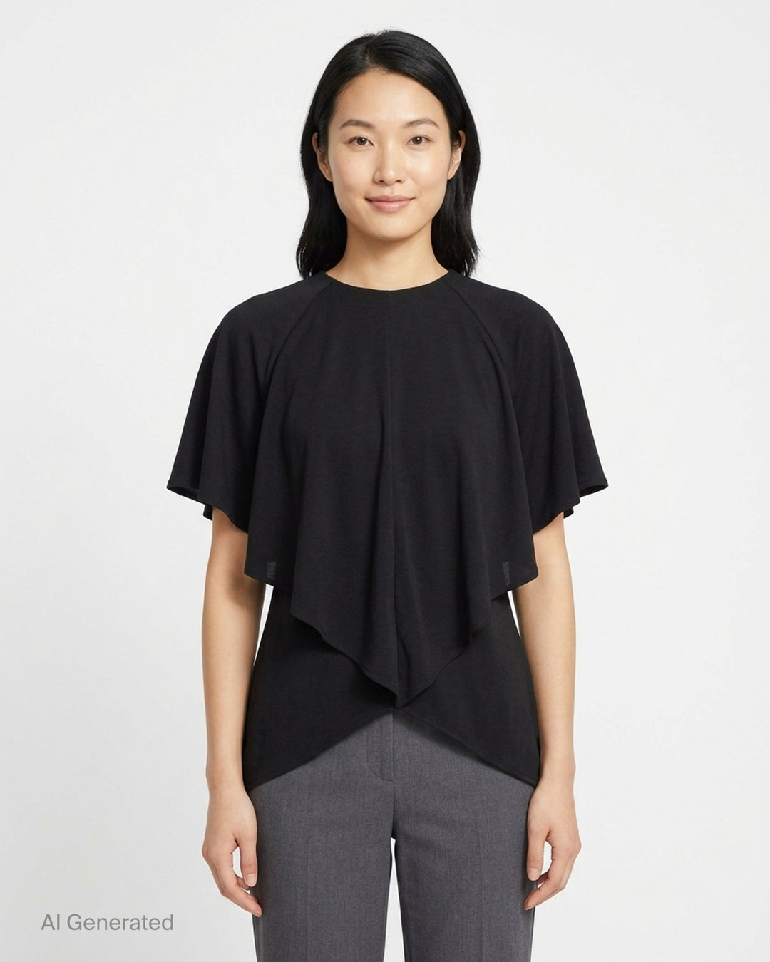Jacquemus Pisco black draped top with flutter sleeves, round neckline and curved layered hem - front