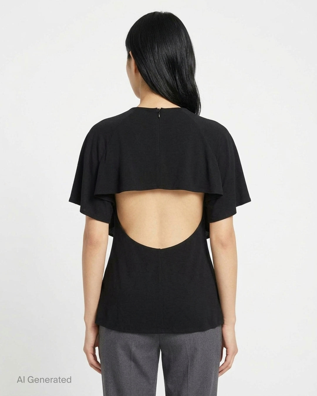 Jacquemus Pisco black draped top with flutter sleeves, round neckline and curved layered hem - back