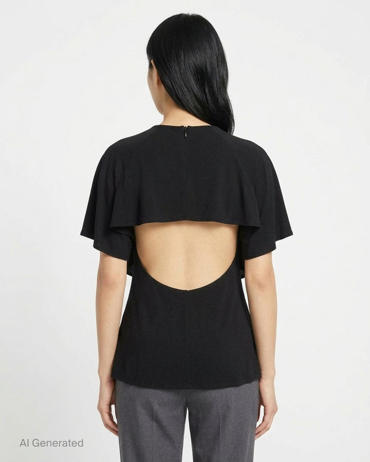 Jacquemus Pisco black draped top with flutter sleeves, round neckline and curved layered hem - back