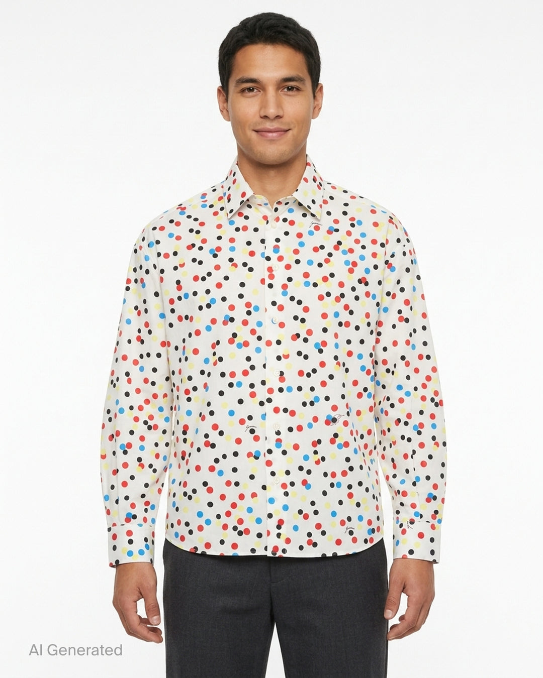 Jacquemus white long sleeve shirt with all-over red, blue, yellow and black polka dot print, shown front view with button-front closure - front