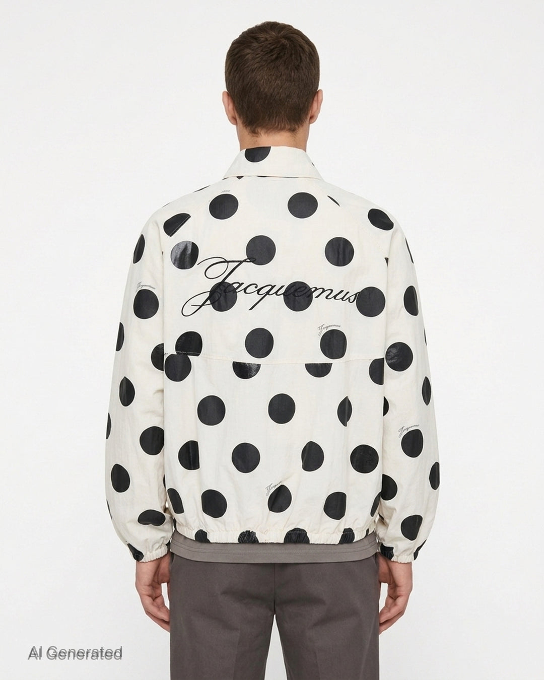 Jacquemus Le Palmier cream windbreaker jacket with large black polka dots, zip front, collar and drawstring hem - back