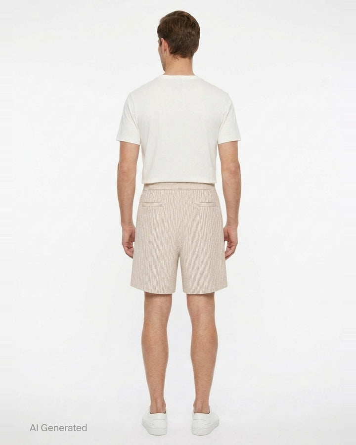 Jacquemus Pyjama Shorts in off-white pinstripe fabric with pleated front, two-button waistband, and relaxed wide-leg silhouette - back