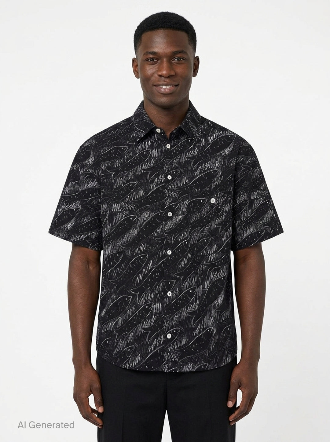 Jacquemus La Chemise Rio short sleeve shirt in black with an all-over white hand-drawn fish print and mother-of-pearl button fastening - front
