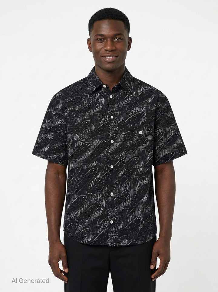 Jacquemus La Chemise Rio short sleeve shirt in black with an all-over white hand-drawn fish print and mother-of-pearl button fastening - front