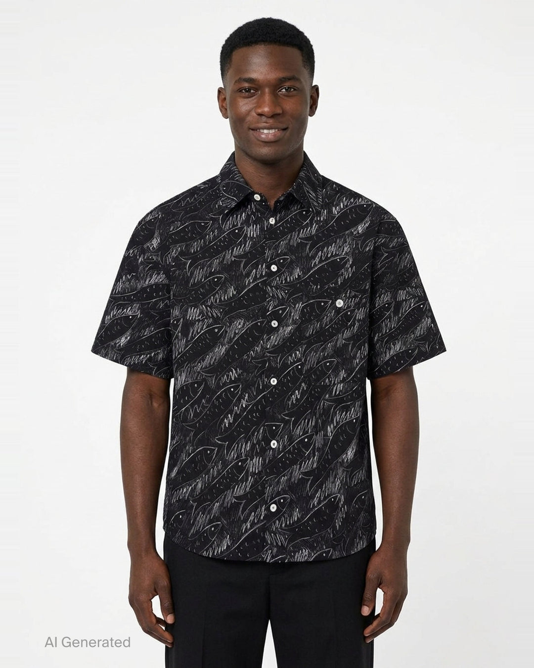 Jacquemus La Chemise Rio short sleeve shirt in black with an all-over white hand-drawn fish print and mother-of-pearl button fastening - front