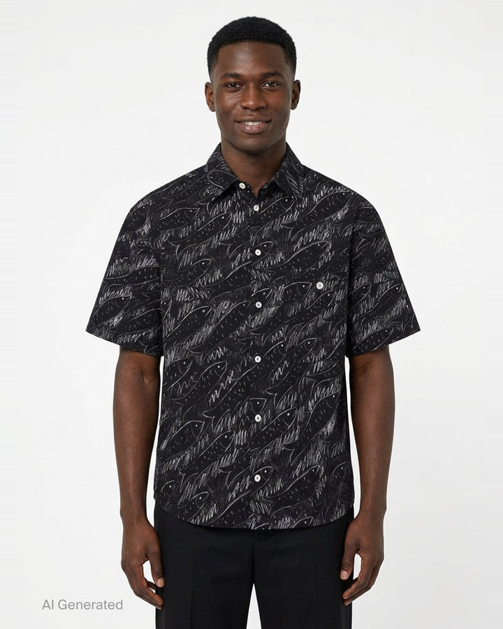 Jacquemus La Chemise Rio short sleeve shirt in black with an all-over white hand-drawn fish print and mother-of-pearl button fastening - front
