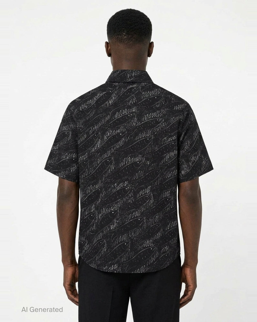 Jacquemus La Chemise Rio short sleeve shirt in black with an all-over white hand-drawn fish print and mother-of-pearl button fastening - back