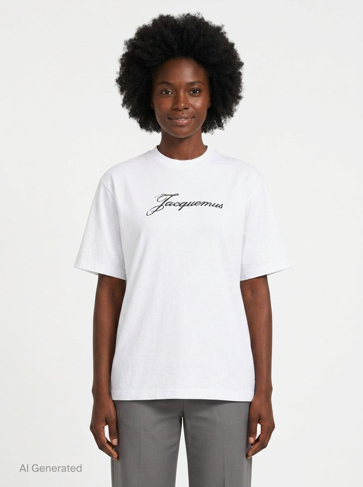 Jacquemus black oversized short-sleeve t-shirt with embroidered cursive logo across the chest and ribbed crew neckline, displayed on a white background - front
