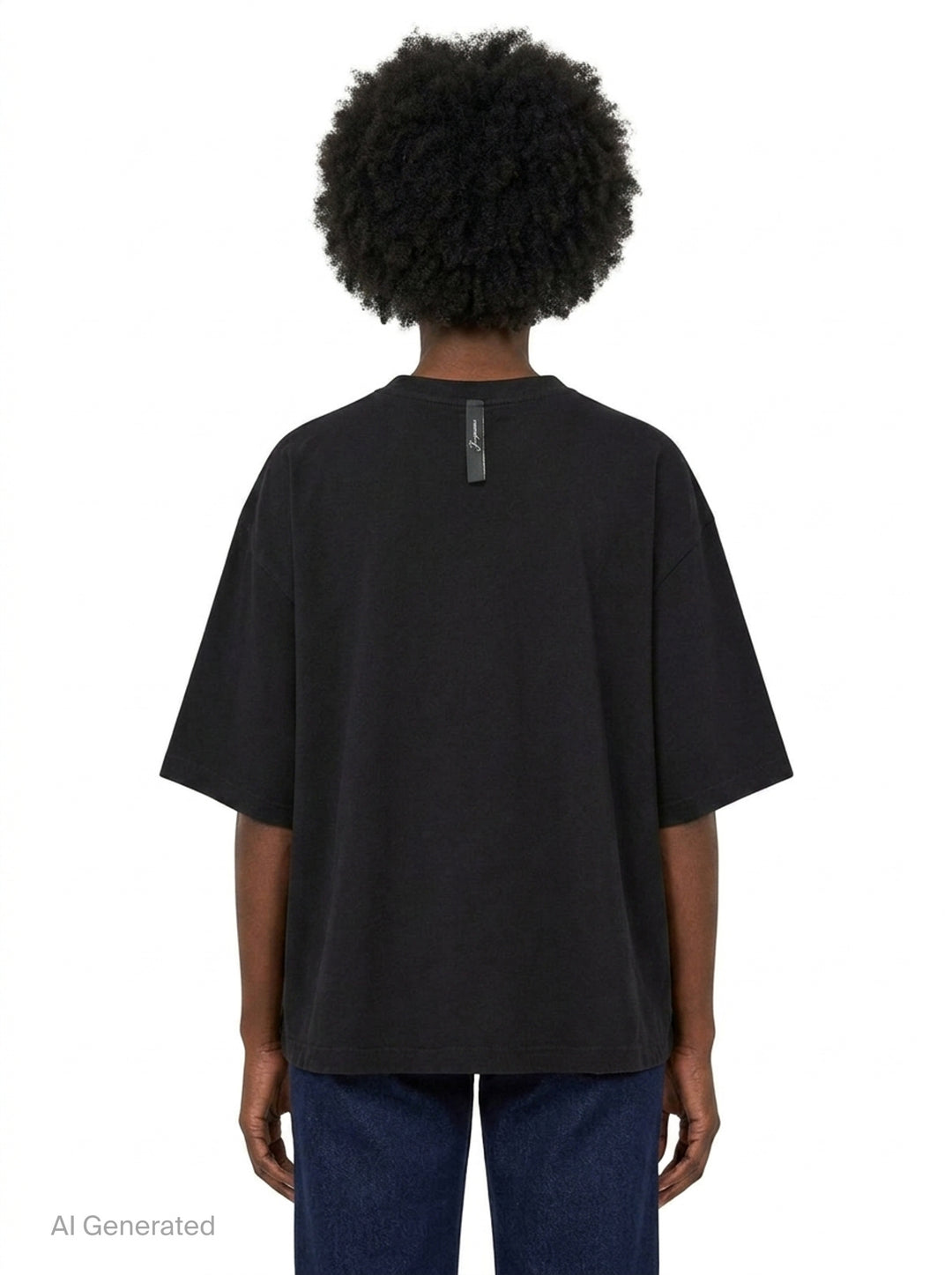 Jacquemus black oversized short-sleeve t-shirt with embroidered cursive logo across the chest and ribbed crew neckline, displayed on a white background - back