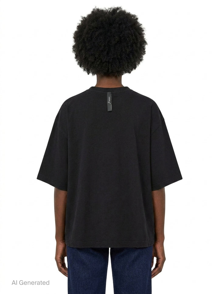Jacquemus black oversized short-sleeve t-shirt with embroidered cursive logo across the chest and ribbed crew neckline, displayed on a white background - back