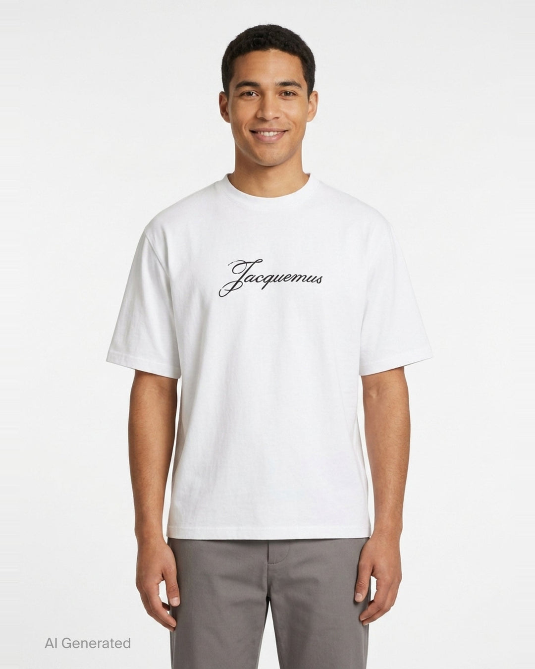 Jacquemus white oversized crew neck tee with distressed cursive Jacquemus script logo print across the chest - front