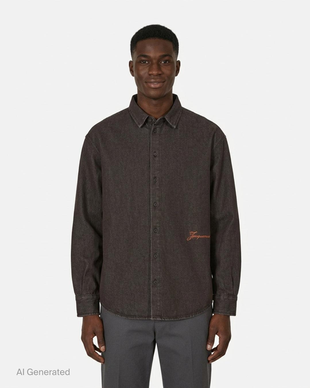 Jacquemus Simon long sleeve denim shirt in washed brown with button-down collar and orange embroidered script logo - front