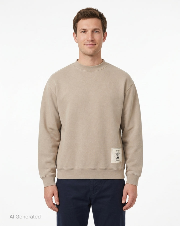 Jacquemus Torneo sweatshirt in taupe with ribbed mock neck and a Le Palmier palm illustration label at the hem - front