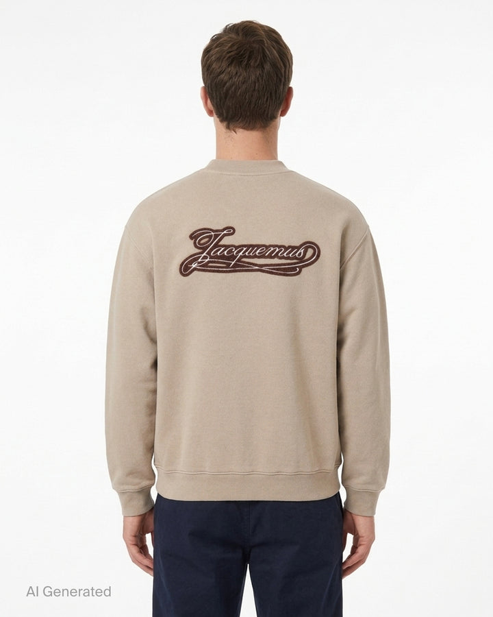 Jacquemus Torneo sweatshirt in taupe with ribbed mock neck and a Le Palmier palm illustration label at the hem - back