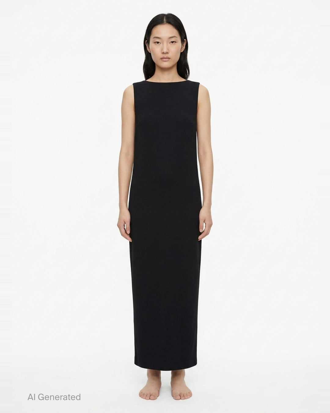 Jil Sander black strapless top with structured bodice, column silhouette, and double split hem detail, shown front-facing on white background - front