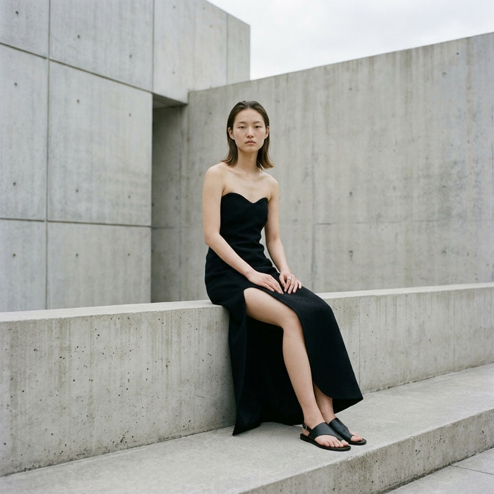 Jil Sander Heavy Textured Sable Gown in black, featuring a structured strapless sweetheart neckline, high slit, and asymmetric hem - lifestyle