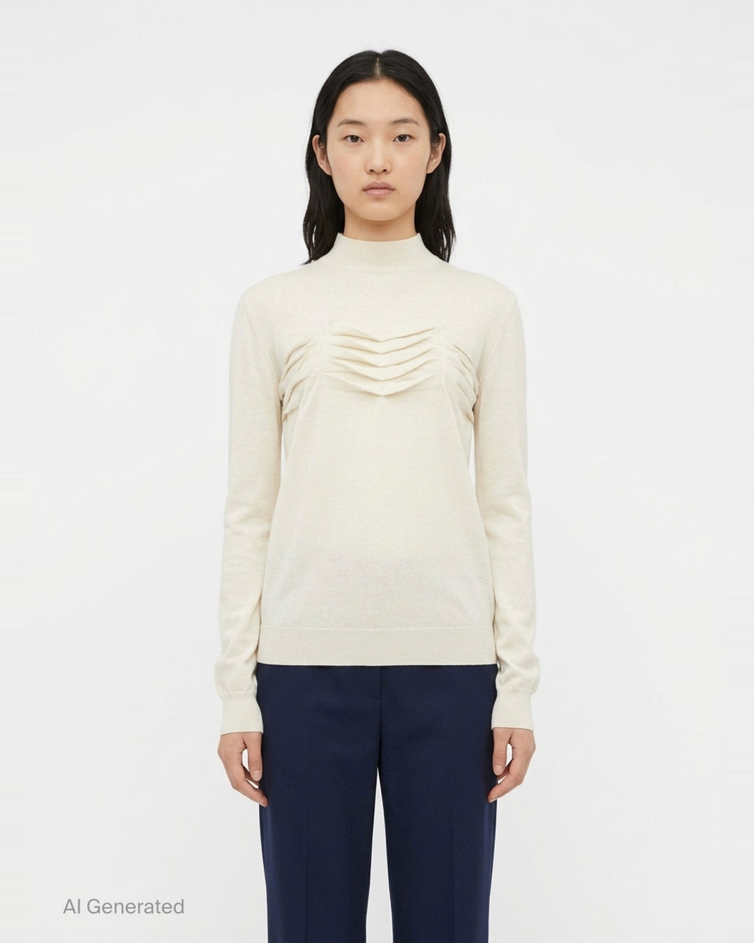 Jil Sander ivory long sleeve mock-neck cashmere jumper with sculptural chevron pleated chest detail, displayed flat on white background - front