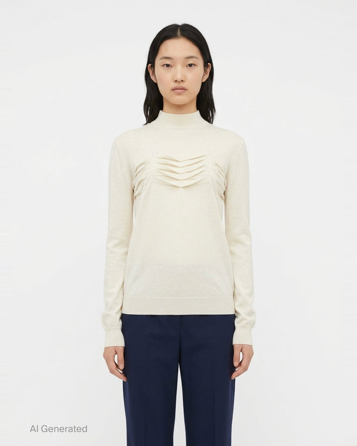 Jil Sander ivory long sleeve mock-neck cashmere jumper with sculptural chevron pleated chest detail, displayed flat on white background - front