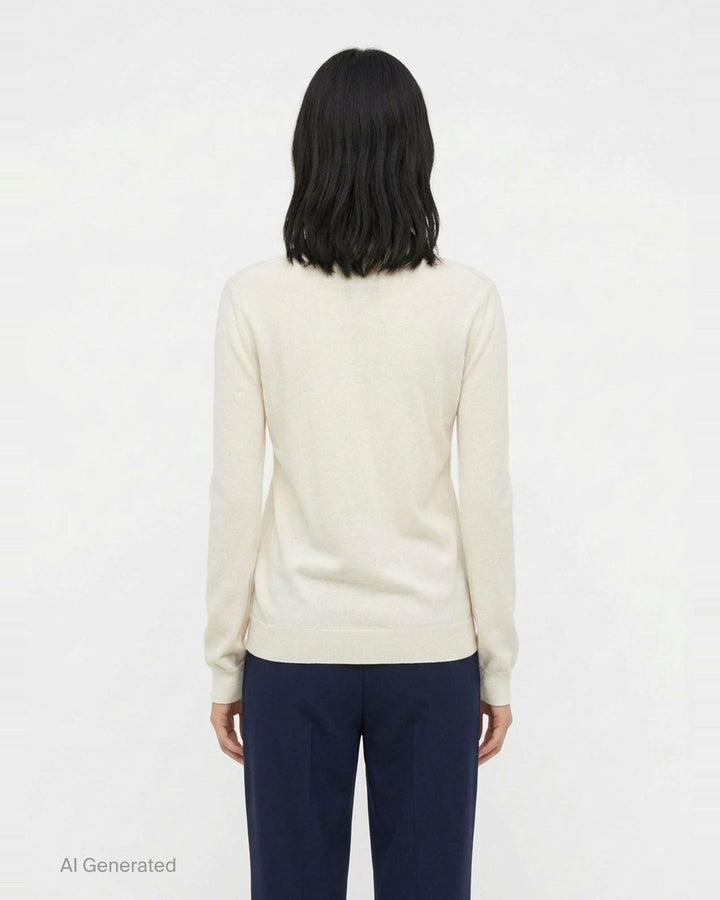 Jil Sander ivory long sleeve mock-neck cashmere jumper with sculptural chevron pleated chest detail, displayed flat on white background - back