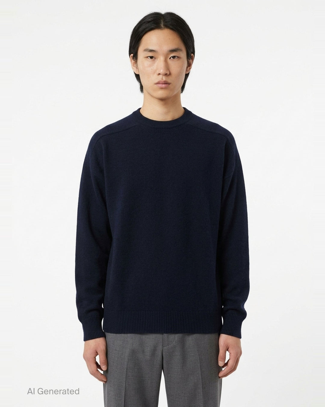 Jil Sander navy long sleeve structured knit jumper with tonal panelling and ribbed crewneck, cuffs, and hem, displayed flat on white background - front