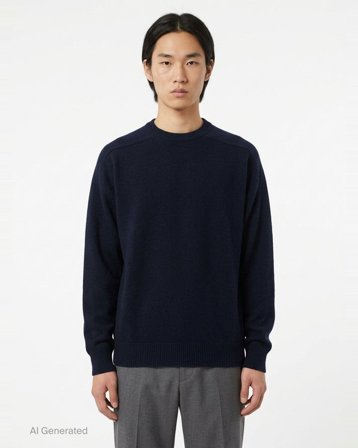 Jil Sander navy long sleeve structured knit jumper with tonal panelling and ribbed crewneck, cuffs, and hem, displayed flat on white background - front