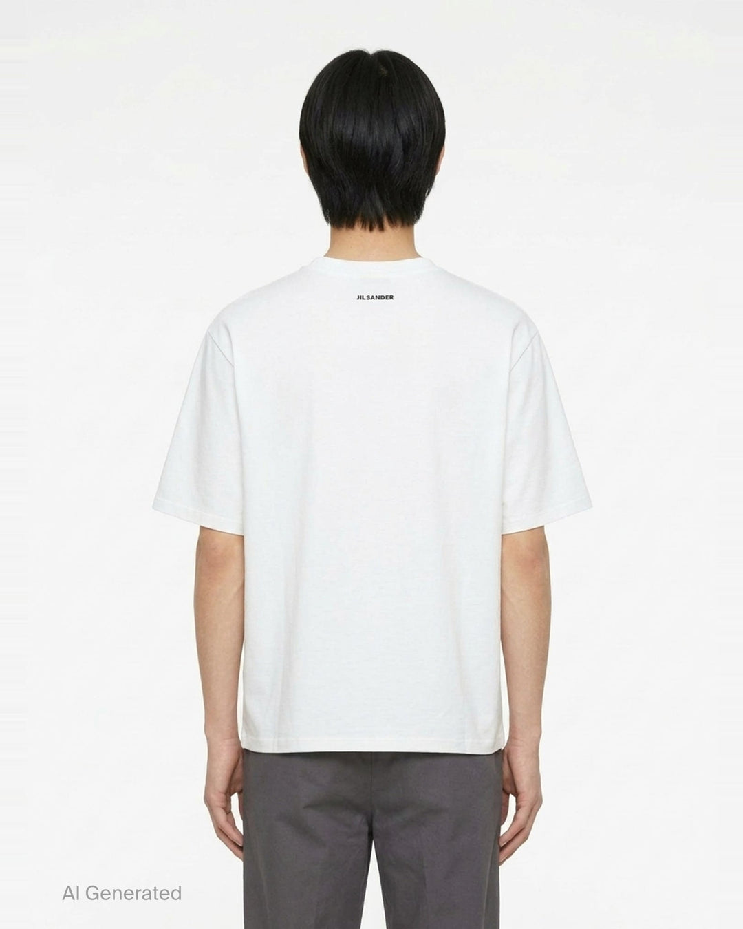 Jil Sander white oversized short sleeve crew neck T-shirt with a painterly still-life print featuring lemons on a terracotta, pink, and blue painted background - back