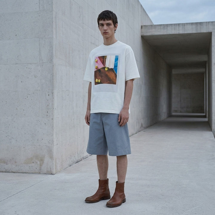 Jil Sander white oversized short sleeve crew neck T-shirt with a painterly still-life print featuring lemons on a terracotta, pink, and blue painted background - lifestyle