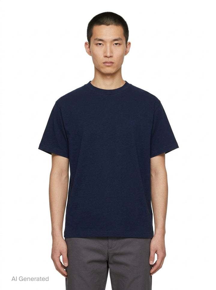 Jil Sander heather grey cotton-cashmere short sleeve crew neck t-shirt with a small navy dot embroidery on the chest and a woven brand label at the back neck - front