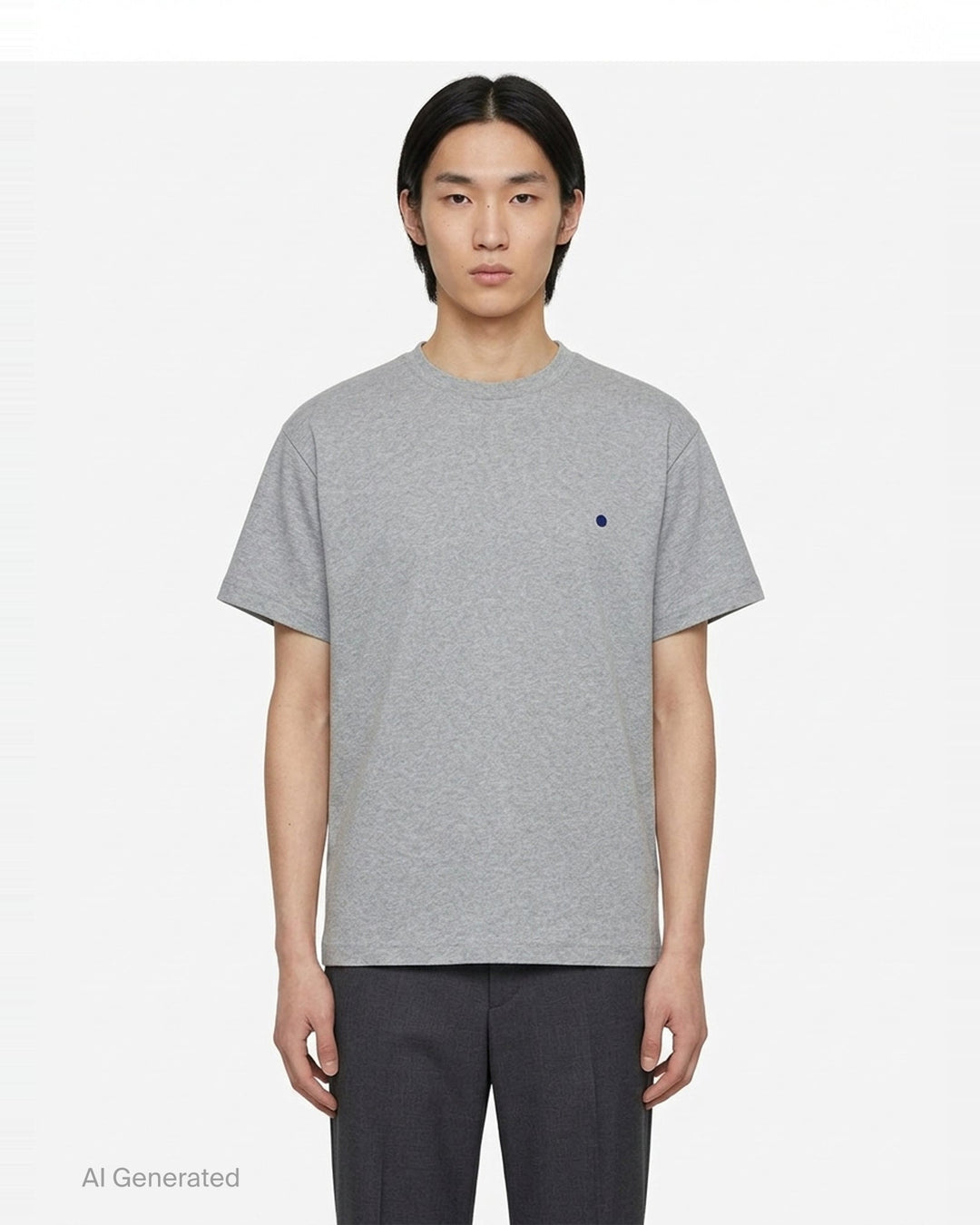 Jil Sander heather grey cotton-cashmere short sleeve crew neck t-shirt with a small navy dot embroidery on the chest and a woven brand label at the back neck - front