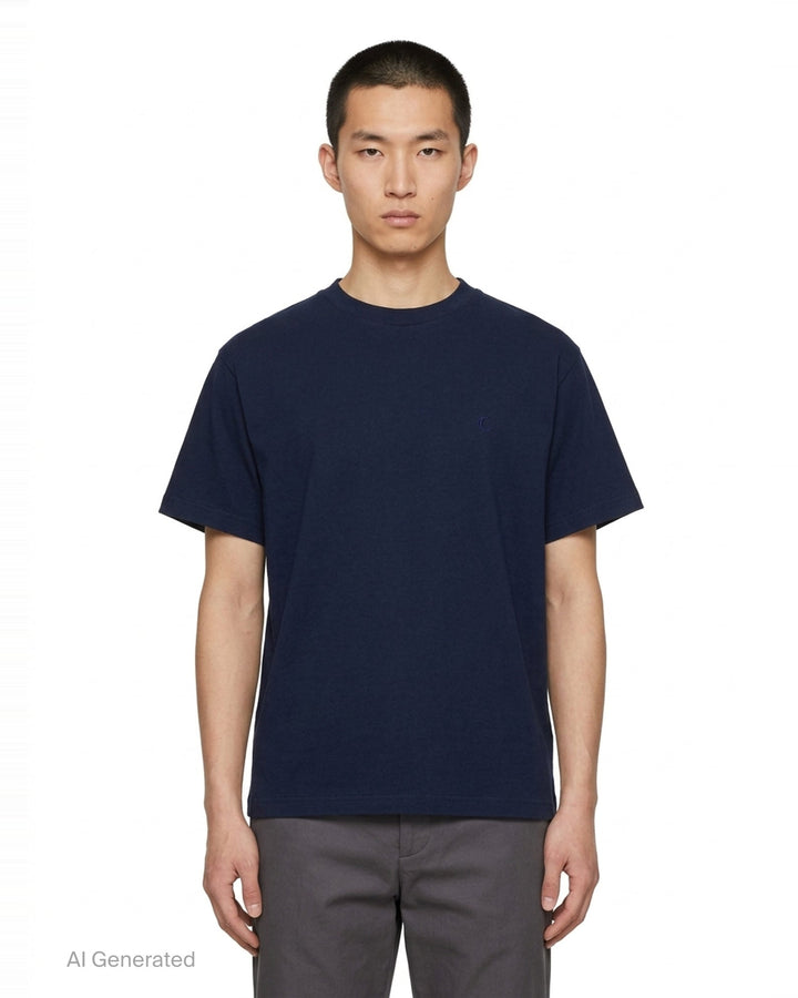 Jil Sander heather grey cotton-cashmere short sleeve crew neck t-shirt with a small navy dot embroidery on the chest and a woven brand label at the back neck - front