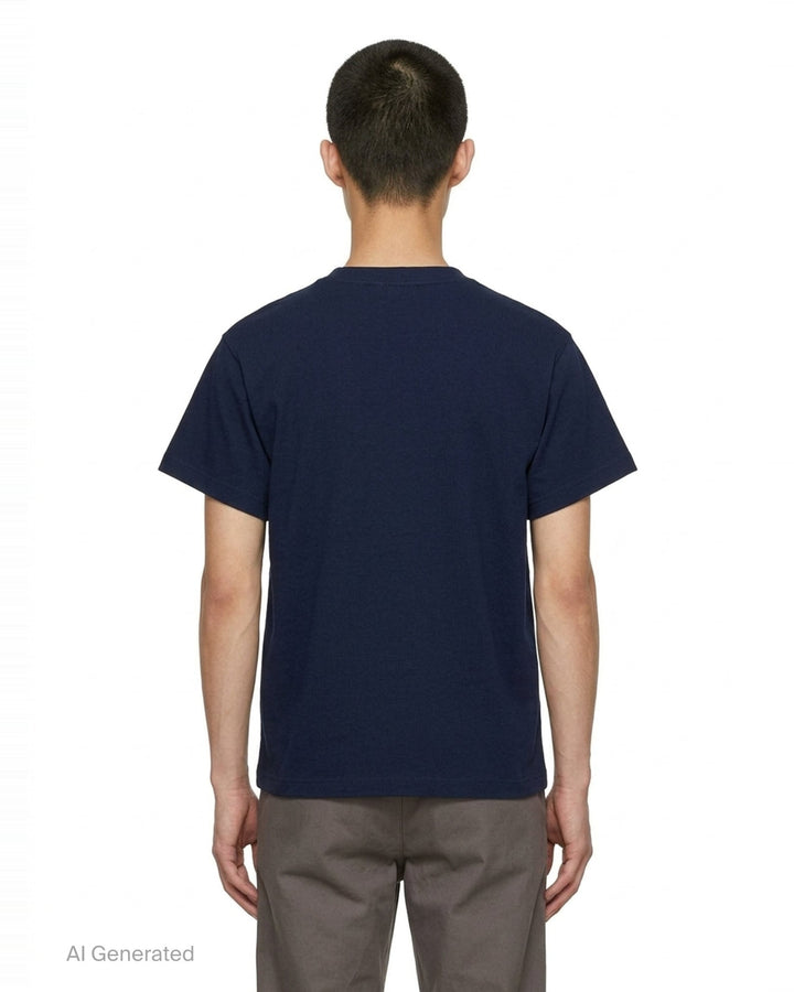 Jil Sander heather grey cotton-cashmere short sleeve crew neck t-shirt with a small navy dot embroidery on the chest and a woven brand label at the back neck - back
