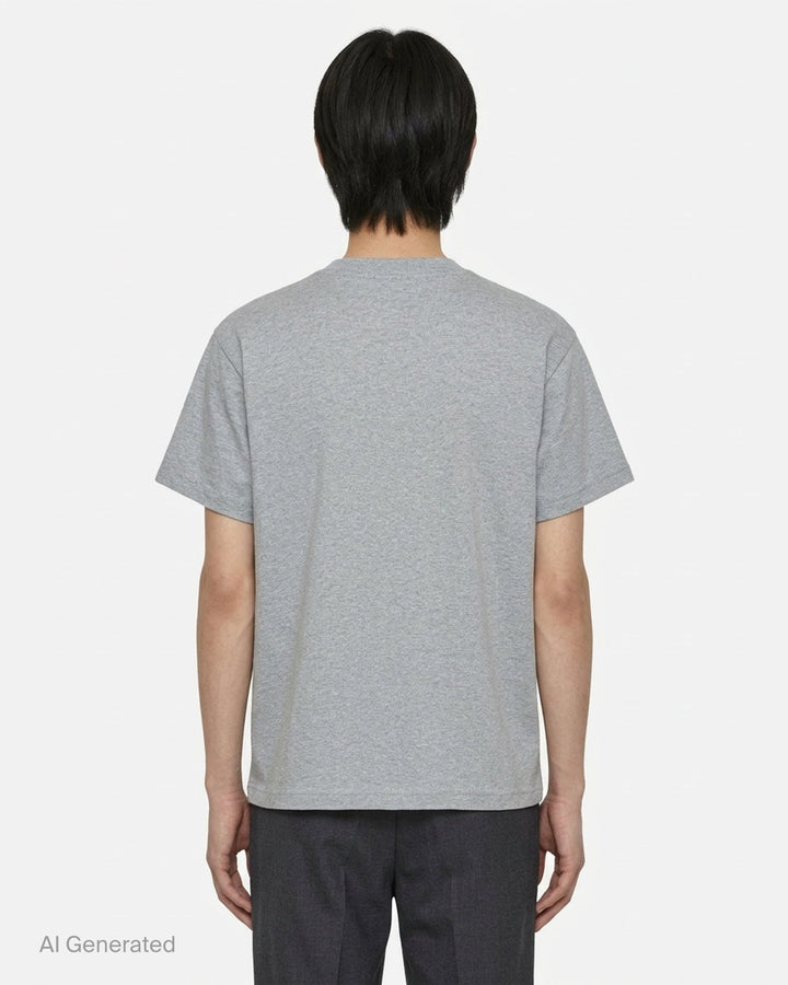 Jil Sander heather grey cotton-cashmere short sleeve crew neck t-shirt with a small navy dot embroidery on the chest and a woven brand label at the back neck - back