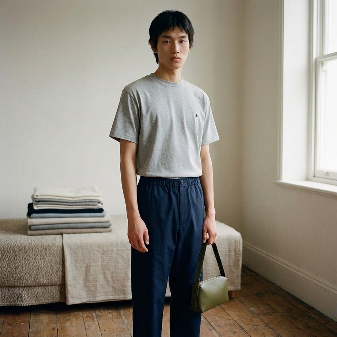 Jil Sander heather grey cotton-cashmere short sleeve crew neck t-shirt with a small navy dot embroidery on the chest and a woven brand label at the back neck - lifestyle