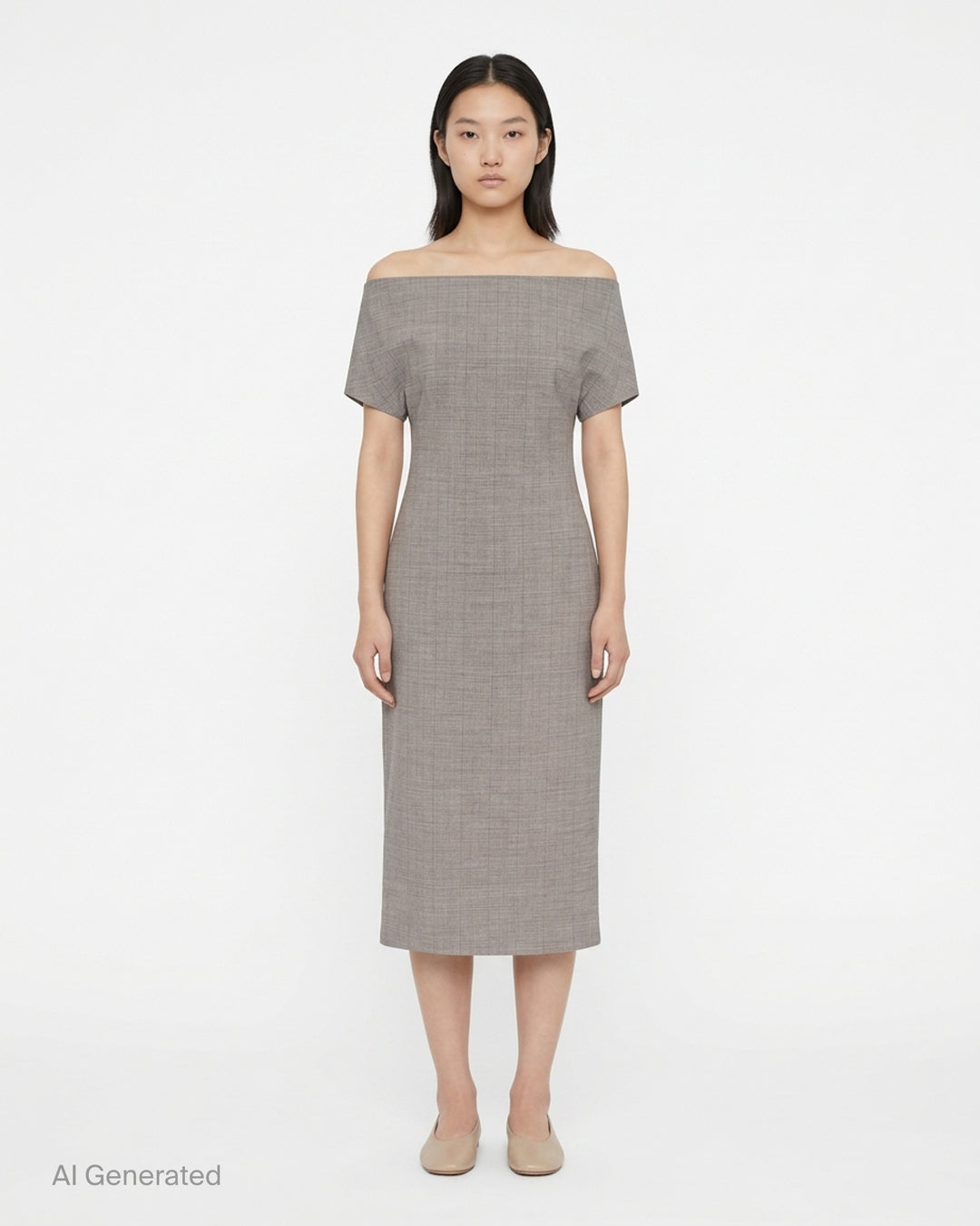 Jil Sander grey subtle check wool midi dress with off-the-shoulder neckline and short cap sleeves - front