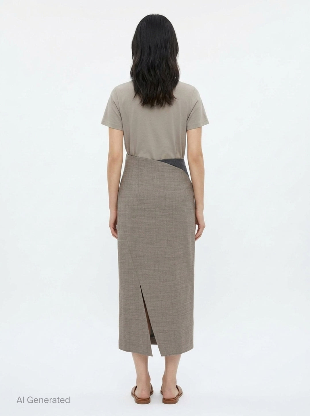 Jil Sander Subtle Check Wrap Skirt in taupe melange wool with sculptural origami fold at waist and diagonal overlay seam, midi length, side view - back