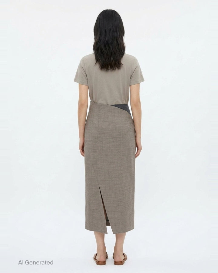 Jil Sander Subtle Check Wrap Skirt in taupe melange wool with sculptural origami fold at waist and diagonal overlay seam, midi length, side view - back