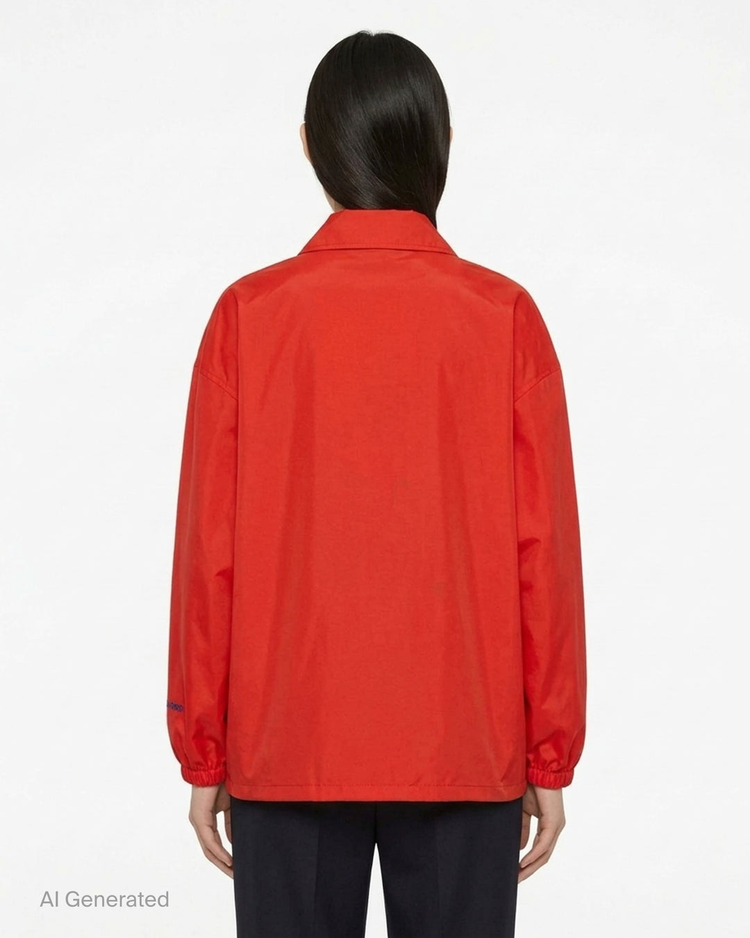 Jil Sander red technical coach jacket with pointed collar, silver snap-button front, curved pockets and elasticated cuffs - back