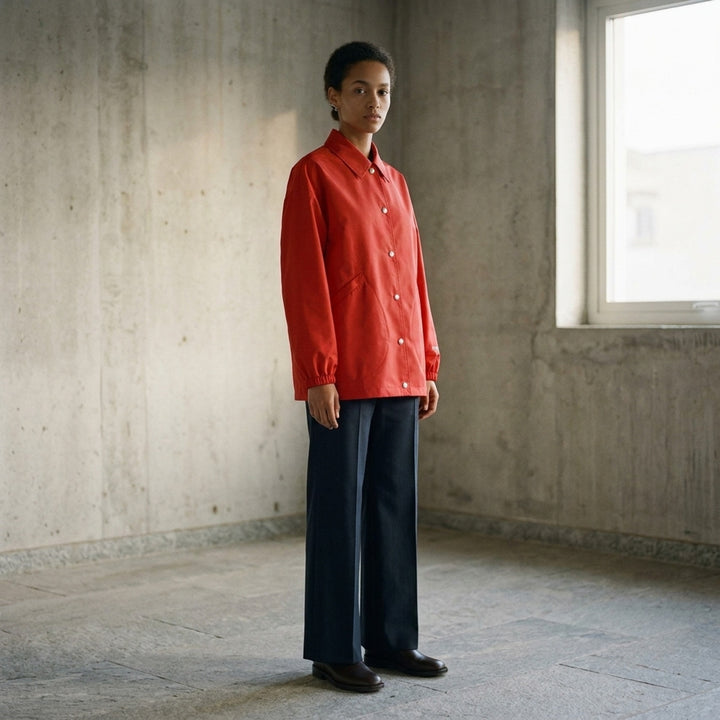 Jil Sander red technical coach jacket with pointed collar, silver snap-button front, curved pockets and elasticated cuffs - lifestyle