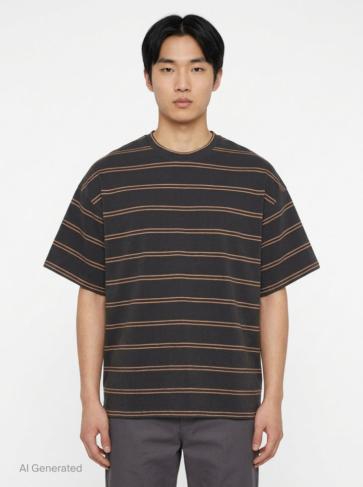 Jil Sander charcoal short sleeve t-shirt with terracotta horizontal pinstripes and tonal embroidered monogram at chest, crew neckline, oversized fit, on white background - front