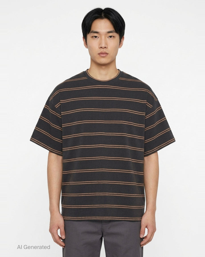 Jil Sander charcoal short sleeve t-shirt with terracotta horizontal pinstripes and tonal embroidered monogram at chest, crew neckline, oversized fit, on white background - front