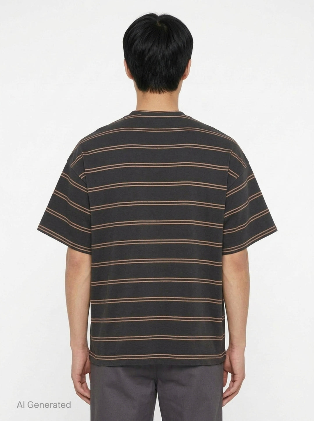 Jil Sander charcoal short sleeve t-shirt with terracotta horizontal pinstripes and tonal embroidered monogram at chest, crew neckline, oversized fit, on white background - back