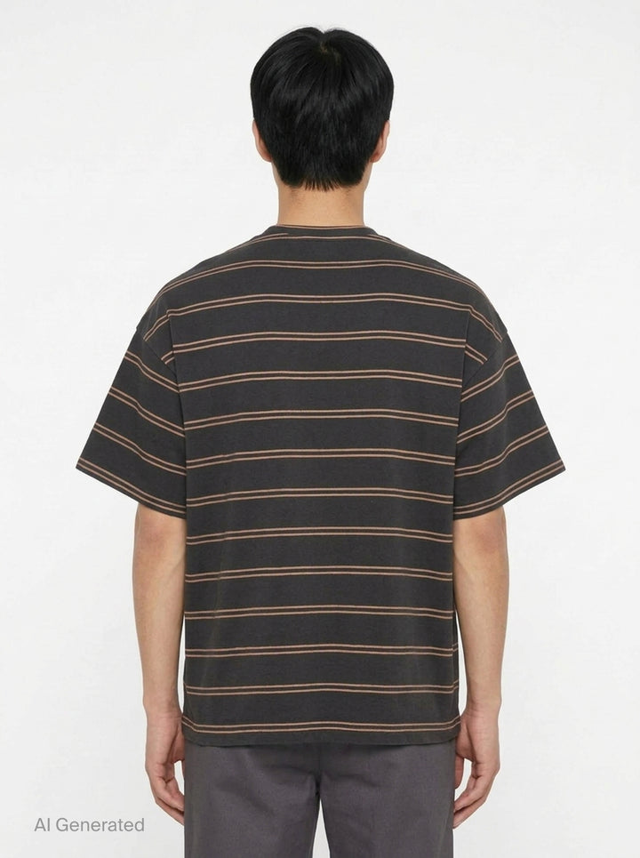 Jil Sander charcoal short sleeve t-shirt with terracotta horizontal pinstripes and tonal embroidered monogram at chest, crew neckline, oversized fit, on white background - back
