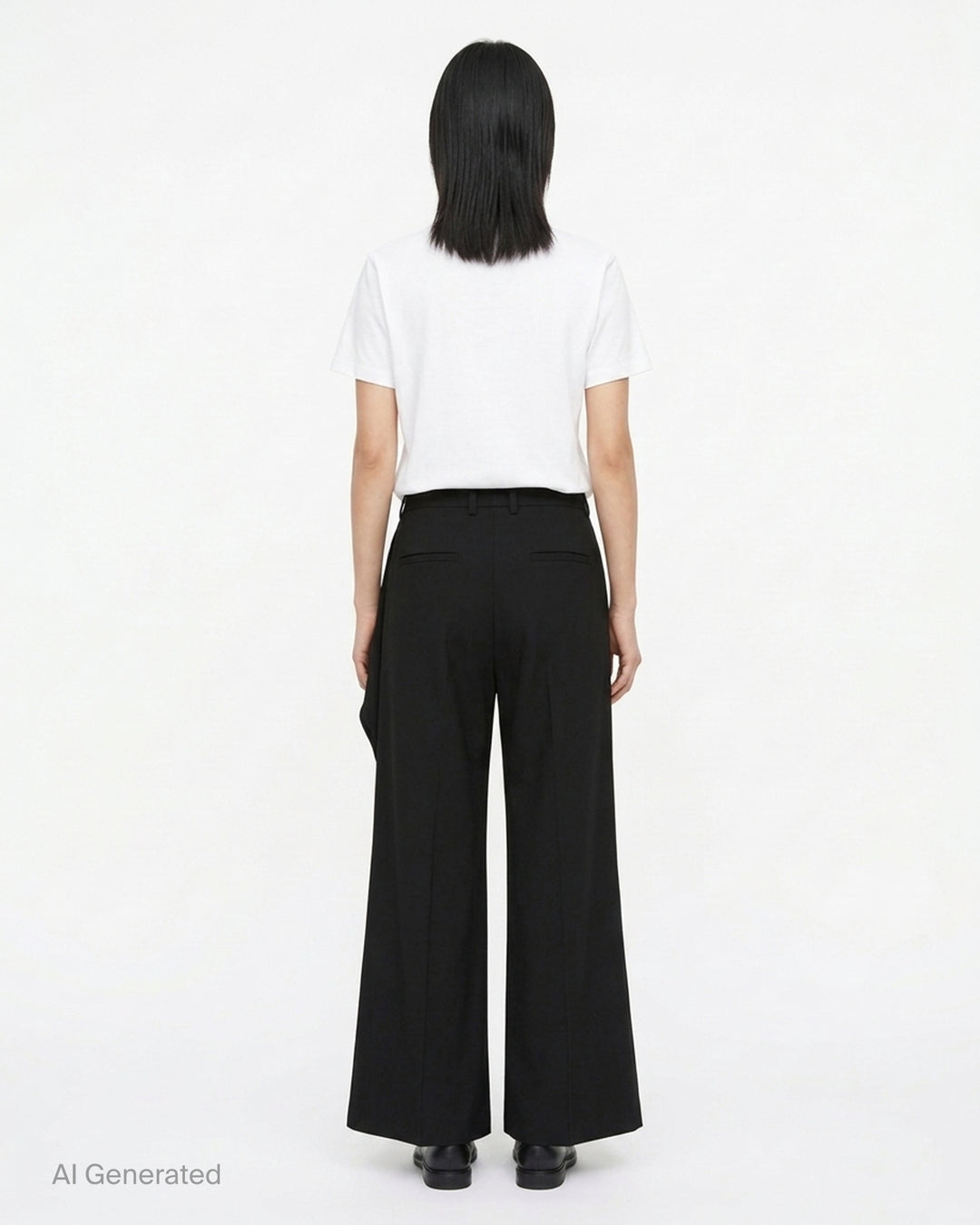 Jil Sander black wide-leg trousers with a cascading draped panel and button-fastened waistband, shown from the front - back