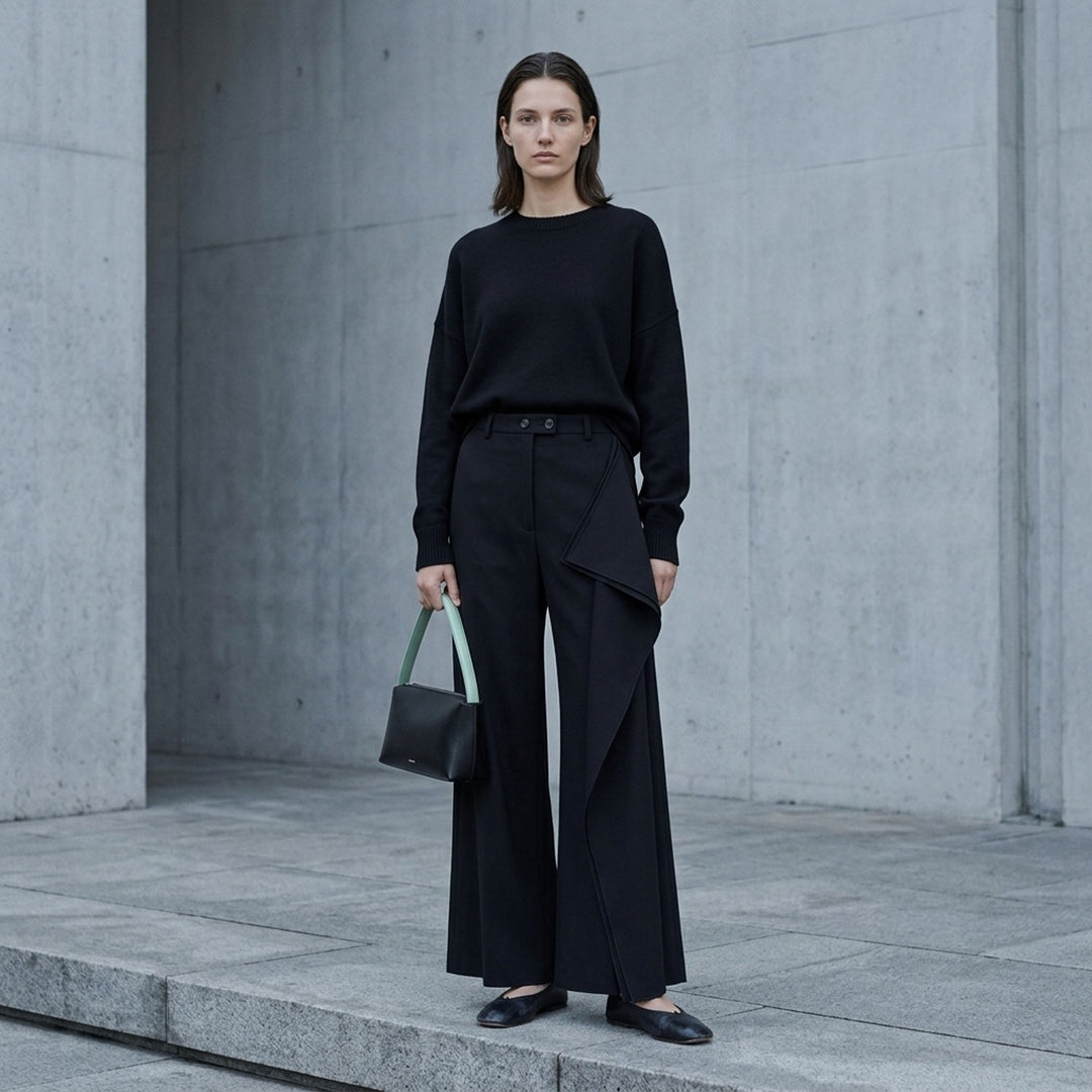 Jil Sander black wide-leg trousers with a cascading draped panel and button-fastened waistband, shown from the front - lifestyle