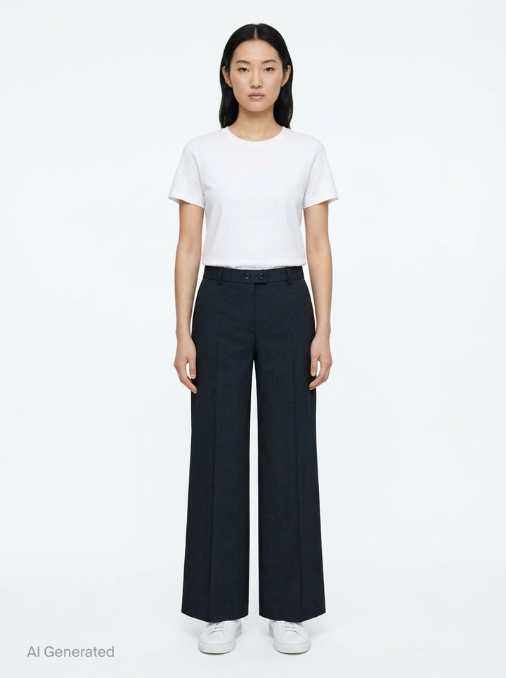 Jil Sander wide-leg stretch wool trousers in taupe with front creases, double-button waist, and belt loops, styled flat on a white background - front