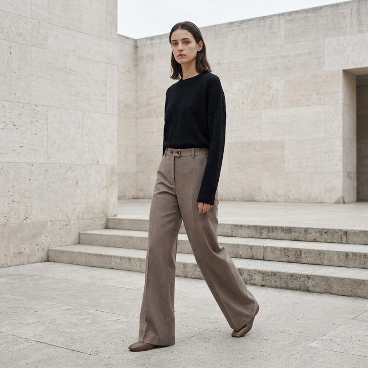 Jil Sander wide-leg stretch wool trousers in taupe with front creases, double-button waist, and belt loops, styled flat on a white background - lifestyle