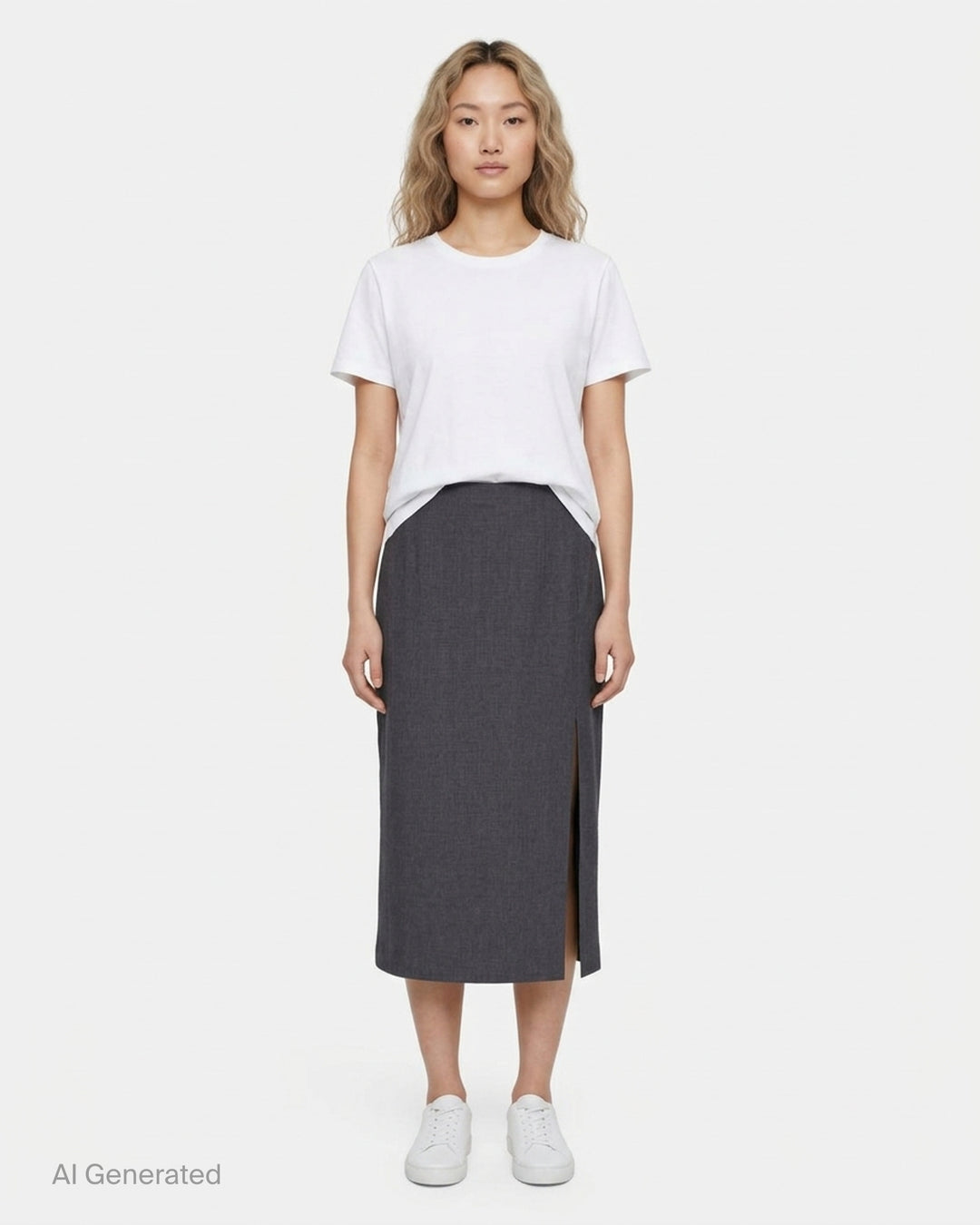 Jil Sander charcoal grey wool mohair pencil skirt with a high waist and side slit, shown front view - front