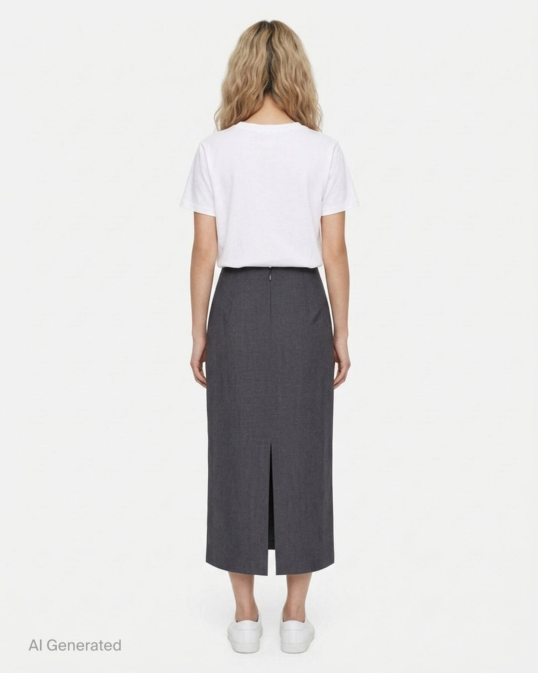 Jil Sander charcoal grey wool mohair pencil skirt with a high waist and side slit, shown front view - back